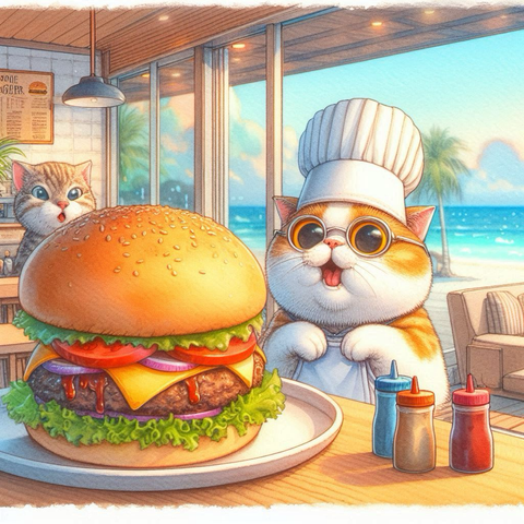 水彩画風の暖色系の色使いで描かれたハンバーガーショップの店内。小さなシェフの帽子をかぶった短足な猫が、予想以上の巨大なバーガーを作ってしまい、仲間の子猫と共に驚いている。背景には南国のビーチと揺れるヤシの木が見える。