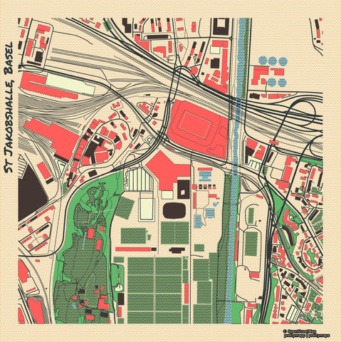 An artistic map showing the location of St Jakobshalle, Basel, Switzerland.