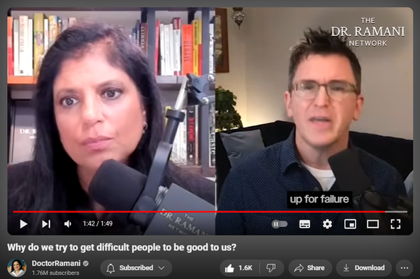 https://www.youtube.com/watch?v=ObN8-s750dg
Why do we try to get difficult people to be good to us?
13,991 views  27 Aug 2024
Why do you keep trying to get difficult people to be good to you? Childhood trauma survivor and someone I greatly admire ‪@patrickteahanofficial‬  reveals one of the most important things you will ever hear on The Dr. Ramani Network! https://drramaninetwork.com/