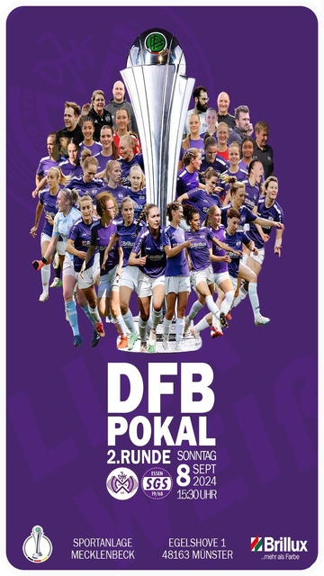 Plakat zur Ankündigung des Pokalspiels der Damen von Wacker Mecklenbeck (seid dieser Saison Regionalliga) gegen sie SGS Essen (1. Bundesliga) am 08. September in Münster.