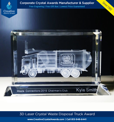 3d laser crystal waste disposal truck award, 3d crystal garbage truck award, 3d crystal award, crystal awards for waste management company, waste industry award, crystal award 3d, 3d crystal truck award, truck driver award, wholesale crystal awards supplier in USA
