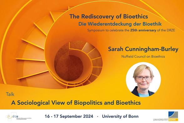 Bild mit dem Vortrags-Titel „A Sociological View of Biopolitics and Bioethics“ (c) DRZE unter Verwendung eines Bildes von Unsplash.com/Rolf Hecken