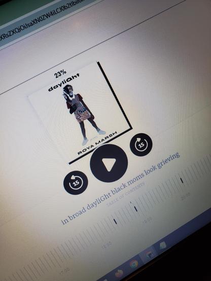 Audiobook of the poetry collection dayliGht by Roya Marsh (MCD x FSG Originals) on a computer screen, showing the cover artwork of a defiant young girl assembled from assorted collage images, along with the audio controls