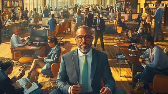 a corporate office with a slightly ominous feel that is full of professionals working