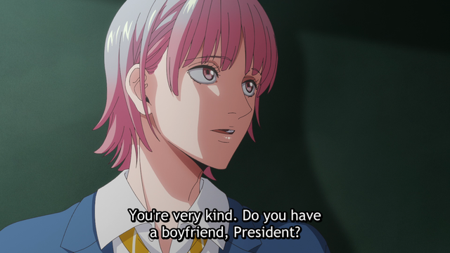 A teenage boy with pink hair (Shion) asking, “You’re very kind. Do you have a boyfriend, President?”