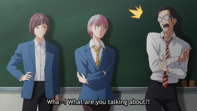 A teenage boy (Giichi) has an annoyed flair coming off of him, an expressively surprised face, saying, “Wha-! What are you talking about?!” in response to the question.