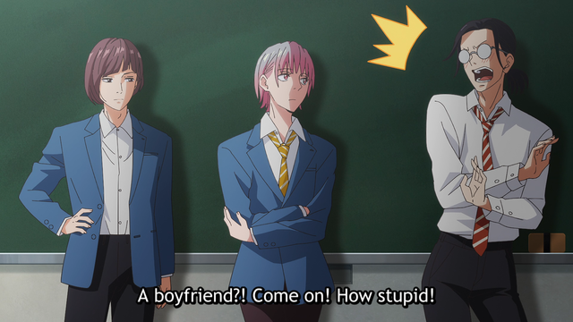 A teenage boy (Giichi) has an annoyed flair coming off of him, an expressively surprised face, saying, “A boyfriend?! Come on! How stupid!”