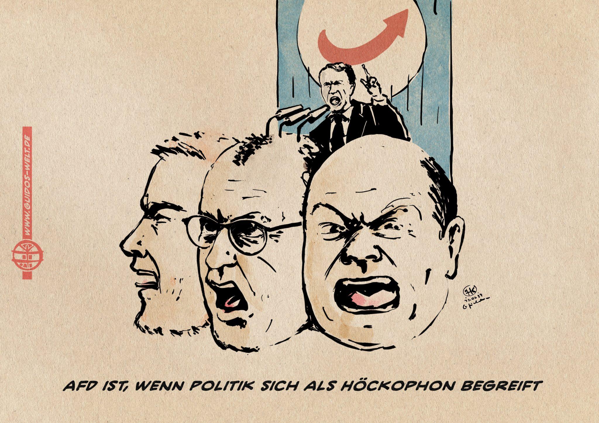 Illustration: Höcke steht skandierend vor einer AFD Fahne an einem Rednerpult, welches sich aus den rufenden Köpfen von Lindner Merz j d Scholz bildet. Textzeile: AFD ist, wenn Politik sich als Höckophon begreift.