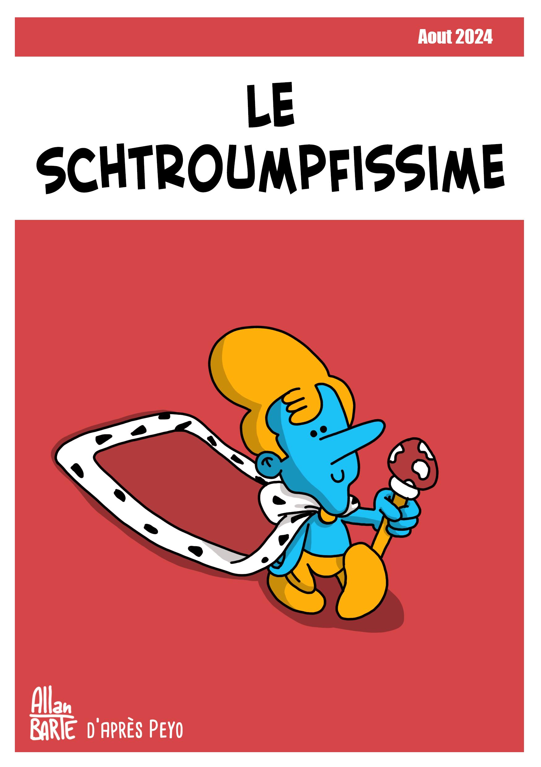 Contreparties et goodies d'août 2024
Dessin A5reprenant la couverture de l'album "le Schtroumphissime" de Peyo.Macron dessiné en schtroumpf, peau bleue, sceptre champignon en main, cheveux et pantalon dorés, traîne sa longue cape en hermine et velours rouge, un grand sourire au lèvres.Un magnet et un marque page reprennent le personnage.