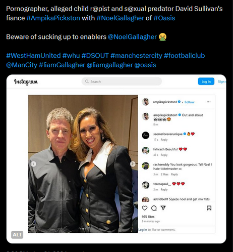 Noel Gallagher with alleged child rapist David Sullivan's fiance Ampika Pickston.