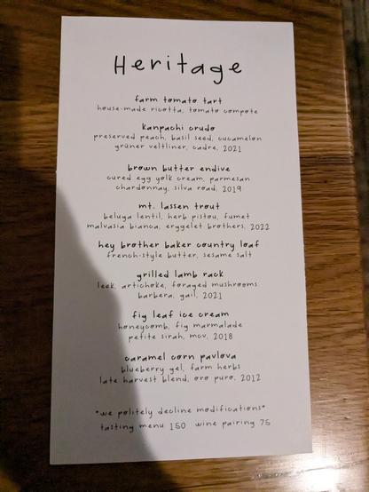 The tasting menu at Heritage, front page with the courses laid out