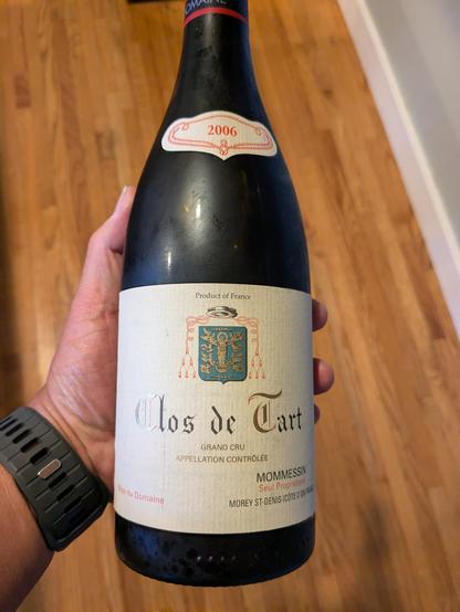 A bottle of a 2006 Clos de Tart Burgundy wine