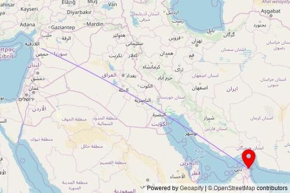 A map showing the great circle route from Ma`arr Hitat in the Syrian Arab Republic to a map pin at Baldiya Dibba, Sheikh Hamad Bin Saif Al Sharqi Street, Al Rashidiyah, Dibba, Fujairah Emirate, United Arab Emirates