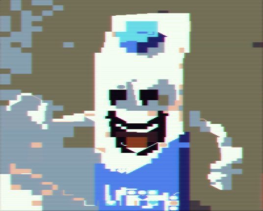An image composed of characters from the Commodore PET microcomputer from the 1970s. Whilst very blocky and somewhat abstract, the image is of a milk-carton with eyes, arms and a large smiling mouth. 