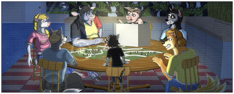 Scene, part 3 of larger comic:
Anthro hog acts as Dungeon Master for a tabletop roleplaying game akin to dungeons and dragons.  Counterclockwise from his position behind the round table: A Belgian blue cow wearing a tee shirt fashioned like a Belgian flag; A ewe in a pink tee shirt with the words "fleece verano" and blue jeans; a wolf in a light teal shirt and gray slacks; house cat in black tee shirt and blue jeans, standing in chair to get a better view of the table; a golden retriever in yellow frilly blouse and blue jeans, grinning widely and tail wagging with abandon; a border collie in a light blue tee shirt, ears perked with a frightened expression on his face.
They are in a kitchen with murals of a farm-like setting.  the house is dark, but one overhead lamp (out of frame) illuminates the players and their table.