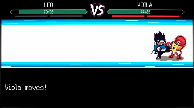 A screenshot of my game, Star Spark. Two pixelated characters are fighting at a side view angle as seen in traditional fighting games. The character on the left, Leo, is attacking the character on the right, Viola. A blue and white action background conveys the use of a special attack. There's a CRT shader on top of everything, giving very tiny curvatures at the corners of the screen and a some small scan lines.