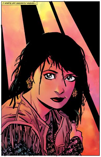 Comic panel: Medium close-up (head and chest) of a young woman looking directly at the reader. The figure has large eyes, medium-length hair (black), big earrings and a fringed jacket. The colours are warm and intense, in a range of reds, oranges and pinks. The caption, on the top, reads: "It starts off innocently enough..."