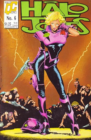 The front cover of Halo Jones No 6 by Alan Moore and Ian Gibson, featuring cover art by Bart Sears of Halo holding a gun and surrounded by ne'er-do-wells.