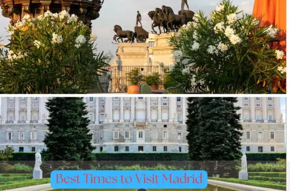 Images of iconic monuments in Madrid. First bottom image os of the Royal Palace and the second image is of a terrace view with flowers and a monument of horses, lions and men in a proud pose,