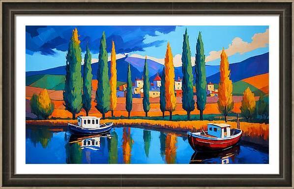 painting of poplars by a lake with boats in fauvist style