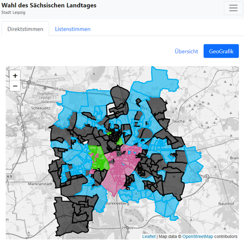 Karte von Leipzig, die gemäß der meisten Erststimmen in den Wahlbezirken eingefärbt ist. Große Teile der Karte sind blau, v.a. am Stadtrand, aber nicht nur, sowie schwarz.