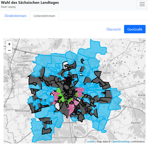 Karte von Leipzig, die gemäß der meisten Zweitstimmen in den Wahlbezirken eingefärbt ist. Große Teile der Karte sind blau, v.a. am Stadtrand, aber nicht nur, sowie schwarz.