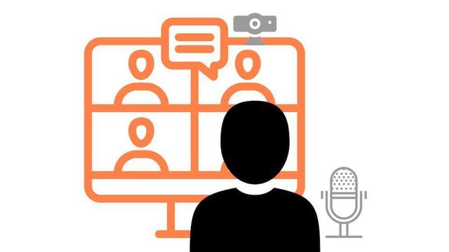 Lessons learned at an online workshop: a graphic of a person attending an online meeting on a computer with camera and microphone