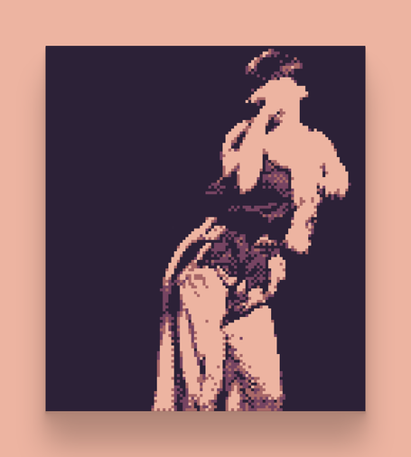 A photo of Mitsuki Miyawaki, the lead singer of Mitski, taken with a Game Boy Camera. Mitsuki, mid-dance, is standing with her hip pushed outwardly to the left while her torso is bent to the right. She is holding a microphone in her right hand and holding it to her face to sing.
