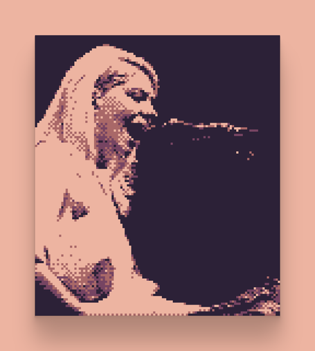 A photo of Molly Rankin, the lead singer of Alvvays, taken with a Game Boy Camera. Molly is standing in front of a microphone, appearing to sing loudly.