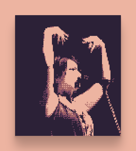 A photo of Mitsuki Miyawaki, the lead singer of Mitski, taken with a Game Boy Camera. Mitsuki's arms are held above her head with her hands fanned downward towards her face.