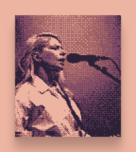 A photo of Molly Rankin, the lead singer of Alvvays, taken with a Game Boy Camera. Molly is standing in front of a microphone.