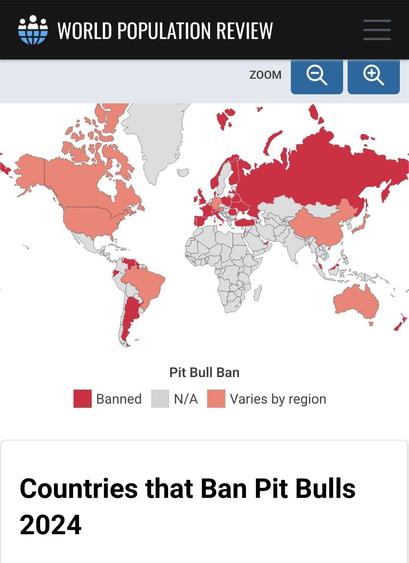 World Population Review's global map of "Countries that Ban Pit Bulls 2024".