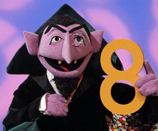Count von Count from The Muppets holding an 8