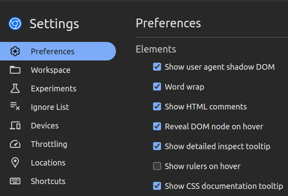 Screenshot of Chrome DevTools Settings, the Elements section under the Preferences tab. Shows the "Show user agent shadow DOM" option being checked.