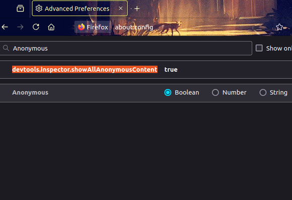 Screenshot from about:config in Firefox. Shows the devtools.inspector.showAllAnonymousContent flag set to true.