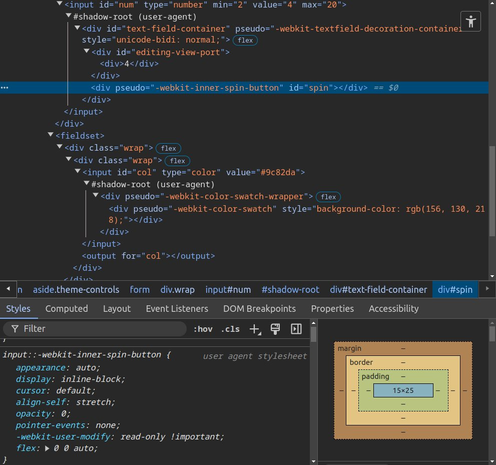 Chrome DevTools screenshot. Shows inspecting an `input[type=number]` with the setting from before. Inside it we can see its shadow DOM, which includes a pseudo `::-webkit-inner-spin-button` (contained inside another pseudo, `-webkit-textfield-decoration-container`) with the following styles set on it:

```
input::-webkit-inner-spin-button {
    appearance: auto;
    display: inline-block;
    cursor: default;
    align-self: stretch;
    opacity: 0;
    pointer-events: none;
    -webkit-user-modify: read-only !important;
    flex: 0 0 auto;
}
```

We can also see the shadow DOM of an `input[type=color]`, which has inside a pseudo `::-webkit-color-swatch-wrapper`, which in turn contains another `::-webkit-color-swatch` component.