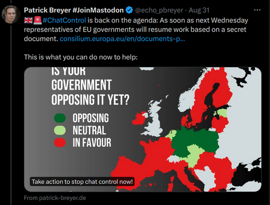A Mastodon post from Patrick Breyer calling for citizens to fight back against Chat Control in the EU.