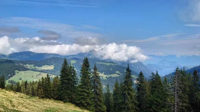 Im Vordergrund Alpwiese mit Bäumen, dahinter geht der Blick hinab ins Tal auf einen See. In Hintergrund weitere Berge. Blauer Himmel und tief hängende Wolken. 