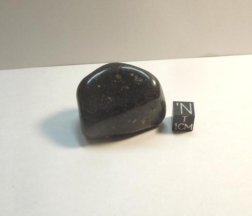 A tumbled meteorite. It has a glossy, smooth, black appearance with contrasting small pale chondrules.