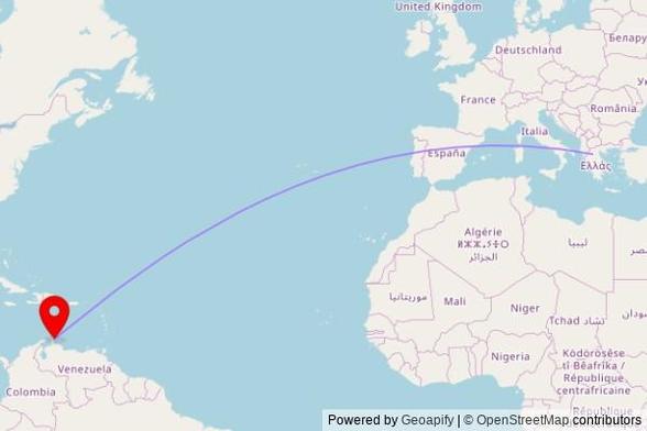 A map showing the great circle route from Παλιά Μηλιά in Greece to a map pin at The Church of Jesus Christ of Latter-day Saints, Nijhoffstraat 148, San Nicolaas, Netherlands