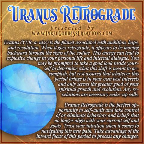 A watercolor illustration of the planet Uranus sits on an orange background with a faded astrological chart. The text details the kinds of energies you can expect during Uranus Retrograde and how to work with them. Presented by Inked Goddess Creations.