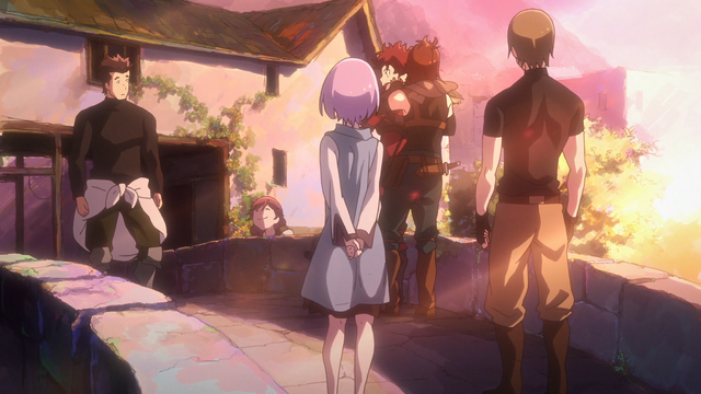 A boy (Ranta) appearing startled while others look toward a girl (Yume) who has a smug smile on her face popped over the top of the side of a small bridge.