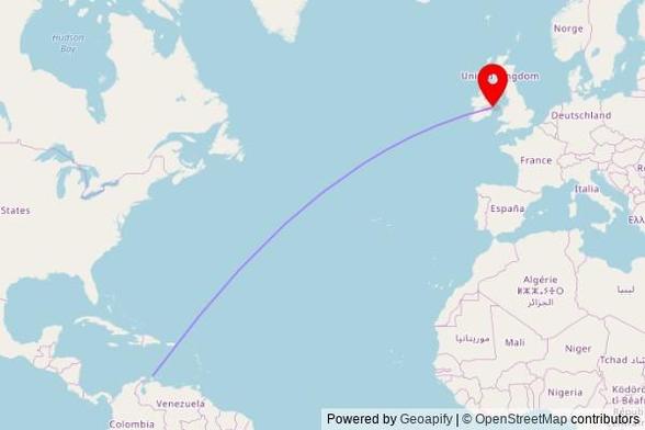 A map showing the great circle route from San Nicolaas in the Netherlands to a map pin at Hillside Evangelical Church, Hillside Road, Greystones, County Wicklow, Ireland