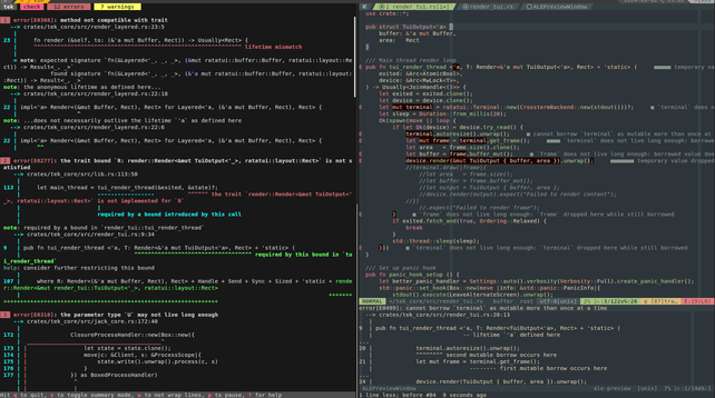 screenshots of bacon and neovim side by side in a tmux