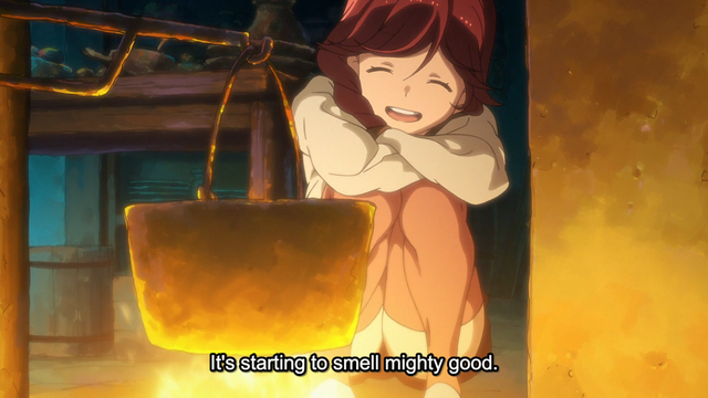 A girl (Yumi) leaning in front of an oven with a pot cooking saying, "It's starting to smell mighty good."