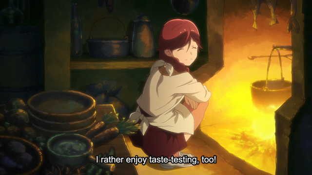 A girl (Yumi) with a happy expression on her face saying "I rather enjoy taste-testing, too!" while leaning own in front of an oven with a pot cooking.