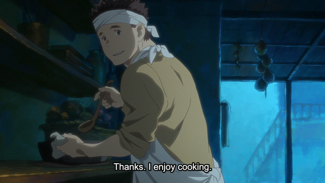 A boy (Mogzo) saying "Thanks. I enjoy cooking." while holding a ladle in one hand and holding a rag in the other.