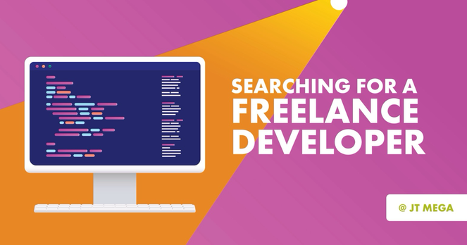 A stylized illustration of a computer screen filled with blocks of code, the caption reads "searching for a freelance developer"