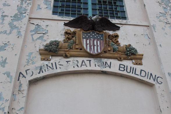 United States emblem transformed to 'FREE' emblem on the Alcatraz Federal Penitentiary Admin Building