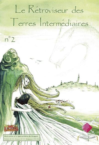 Une femme devant des plaines vertes et une ville en arrière fond, une silhouette de dragon dans le ciel